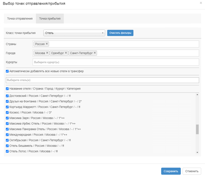Класс точки отправления/прибытия "Отель"